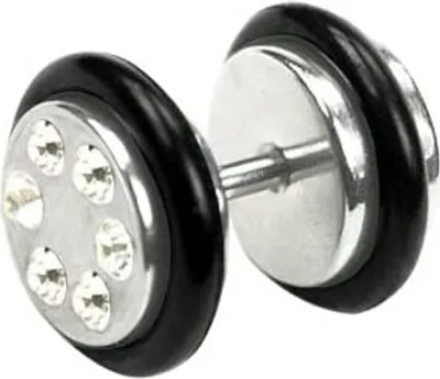 Produktbild von Ohrstecker Ear Fake Plug Stahl Silberfarbe Gummiring mit 6 Kristallen Steine 8mm - Weiss