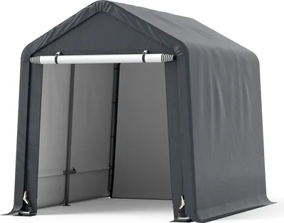 A gray fabric storage tent or garage with an open front, shown on a white background.
