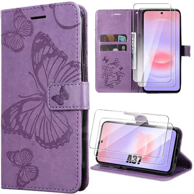 Image de Coque + 2 Verres Trempés pour Samsung Galaxy A37 5G, Effet Cuir Anti-Rayures Motif Papillon Violet
