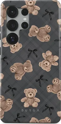 A phone case with a teddy bear pattern and black bows on a dark gray plaid background.