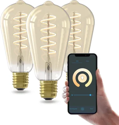 Three smart LED bulbs are displayed next to a smartphone showing a lighting control app.