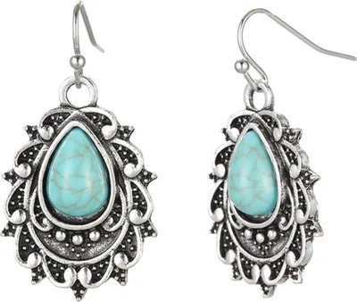 Produktbild von 1 Paar Retro-Hakenohrringe für Damen, graviertes Design, Boho-Stil, Kunsttürkis, baumelnde Ohrringe, Vintage-Ohrringe im ethnischen Stil, Schmuckgeschenk