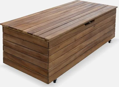 Produktbild von sweeek Gartenkiste Holz, 110 L, 107x49x37 cm, 2-in-1 Aufbewahrungsbox & Couchtisch, für innen & außen, 2 Hebelzylinder, 4 Rollen, Akazienholz