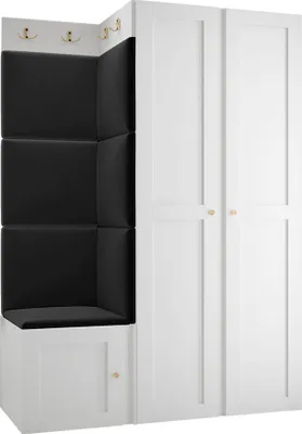 Produktbild von MIRJAN24 Garderoben-Set Orion Ramiro XXIII, Kleiderschrank, Schuhschrank, Kleiderhakenbrett, 7x Paneel 42x42, 8 Kleiderhaken, Metallgriffe (Farbe: Weiß, Manila 18)