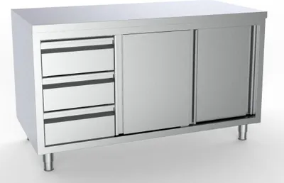 Immagine prodotto di Mobile da lavoro Combisteel con ante scorrevoli, 3 cassetti, acciaio inox, 1400x700x850mm