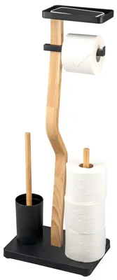 Produktbild von eluno Stand WC-Garnitur 4in1, WC-Bürste, Rollenhalter, Ablage aus Holz und schwarzem Metall