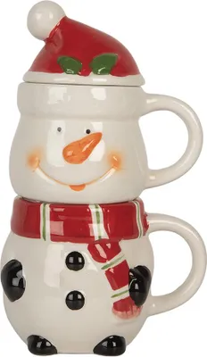 Produktbild von Clayre & Eef Tasse Weihnachtsmann;Schneemann 300/375 ml Weiß Rot Keramik