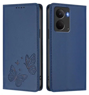 Image de Étui en cuir pour Realme 14 5G, étui de protection type portefeuille en cuir gaufré « papillon » avec support, bleu foncé