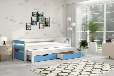 Produktbild von thematys Jugendbett Kinderbett mit Ausziehbett 2 Schubladen 90x200cm inkl. 2 Matratzen in blau Kinderbett aus Kiefernholz