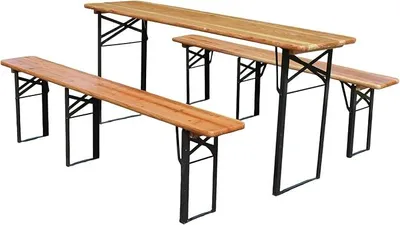 Image de Ensemble de mobilier de jardin pliable, 3 pièces : une table et deux bancs en bois massif, idéal pour le jardin, la terrasse, le balcon et le camping