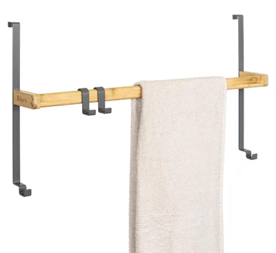 Immagine prodotto di appendiabiti da porta eluno in metallo e bambù, portasciugamani da porta con 1 portasciugamani, 2 pratici ganci, da appendere senza forare, grigio