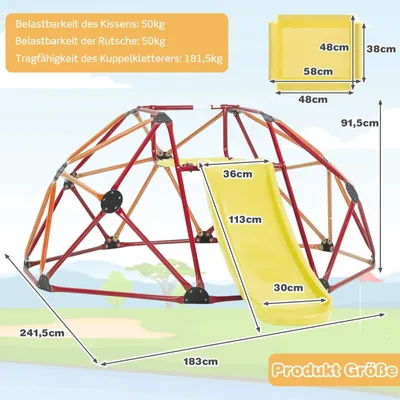 Obrázok produktu pre Detská lezecká kupola so šmýkačkou, nosnosť 180 kg, oranžová/červená