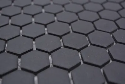 Produktbild von Handmuster Keramik Mosaik Hexagon schwarz R10B Duschtasse Bodenfliese Mosaikfliese Küche Bad Boden MOS11H-0003-R10_m