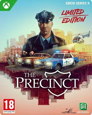 The cover art for the video game 'The Precinct', featuring a police officer, police cars, and a helicopter against a city skyline.