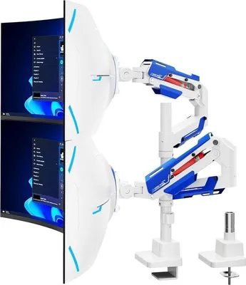 Obrázek produktu pro Držák monitorů pro 2 monitory, rozměry 24-57 palců, s tyčí, bílý, standard VESA 75/100/200, s nastavitelnou výškou, nosnost až 27/22 kg na rameno, držák monitorů