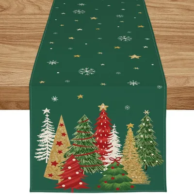 Zdjęcie produktu dla Bieżnik świąteczny, 40x140 cm, kolor zielony, motyw: choinki i płatki śniegu