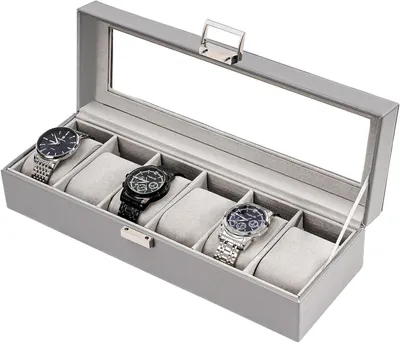Immagine prodotto di Scatola per orologi - Contenitore per orologi - Protegge gli orologi - Coperchio in vetro - 6 scomparti - Grigio