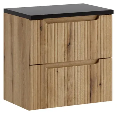 Image de Ensemble de salle de bain suspendu VANO chêne clair et noir 60cm : meubles sous vasque à tiroirs + plan pour vasque