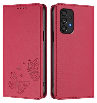 Obrázek produktu pro Kožené pouzdro pro Samsung Galaxy A33 5G, motýlí ražbou, peněženkové flip pouzdro se stojánkem Červená