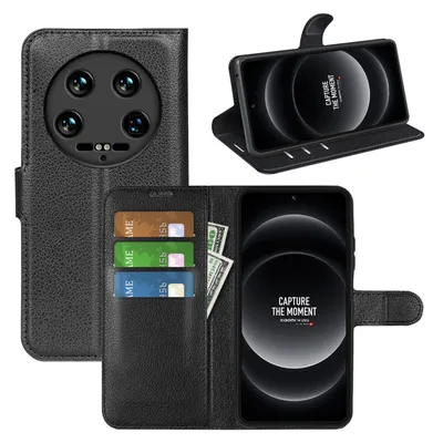 A collage of a black flip-case phone cover for a Xiaomi 14 Ultra, showing the exterior, interior with card slots, and the phone inside.
