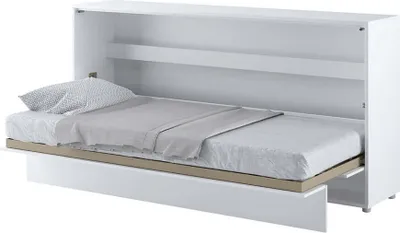 A white wall bed is shown in its open state, with a mattress, pillow, and blanket on the bed frame.