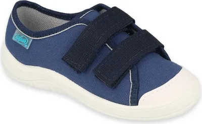 A single blue sneaker with white soles and two navy blue velcro straps.