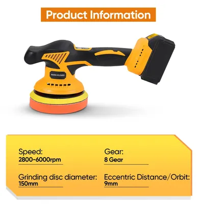 Image de Machine de polissage - Ponceuse excentrique sans balais - 380 W - 150 mm - 6000 tr/min - 6 vitesses - Compatible avec batterie 18 V