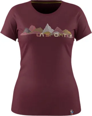 Damen T-Shirt "Peaks T-Shirt W" von La Sportiva in burgunderrot mit Bergmotiv.