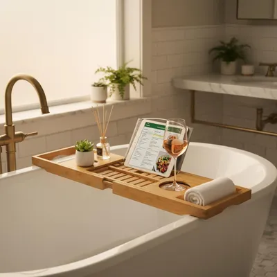 Imagen del producto de Estante para bañera de bambú, con bandeja extraíble y accesorios
