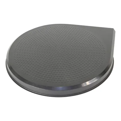 A close-up, studio shot of a round, gray trash can lid with a textured surface and a silver rim, set against a white background.