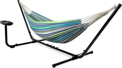 Produktbild von VITA5 Hängematte mit Gestell Outdoor - Hängematte 2 Personen für Garten & Balkon - Doppelhängematte mit Getränkehalter- Tragbare Hängematte 200kg Belastbarkeit (Grün/Blau Cupholder)
