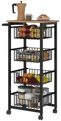Image de Chariot de cuisine avec 4 paniers en acier | Couleur : marron, noir | Dimensions : 49,5 x 31 x 91 cm