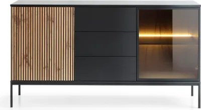 Obrázek produktu pro Moderní široká komoda s žebrovaným čelem 154×83×39 cm, černá / dub Wotan