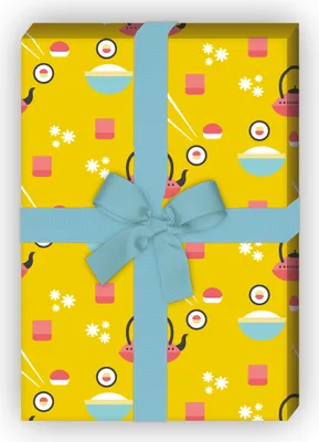 Produktbild von Japanisches Geschenkpapier mit Sushi in gelb - G6432, 32 x 48cm