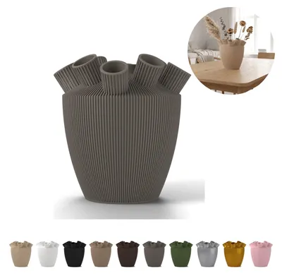 Produktbild von Deko Vase Shinzo 18,1 cm, gerippte Tulpenvase mit Stielröhrchen, PLA – Grau