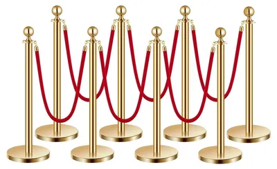 Produktbild von VEVOR Absperrpfosten und Samtseile 6 Stück, Hohlbasis mit Edelstahlpfosten, 4 rote Samtseile und Pfosten, Menschenmengen-Kontrollbarrieren Goldabsperrpfosten, rote Teppichläufer-Pfosten für Partybedarf, Gold-a, 8 Stück-6 Seile