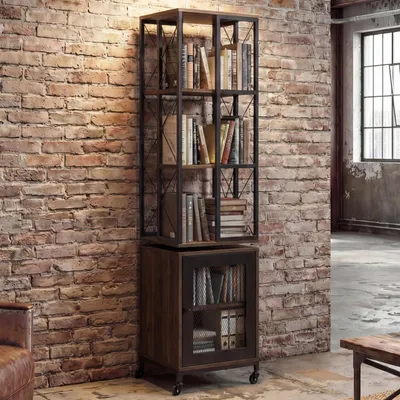 Produktbild von Bücherregal MCW-P13, Standregal Drehregal, Rollen drehbar Tür, Metall Industrial Melamin MVG 162x40x42cm dunkelbraun
