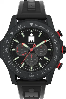 A close-up, front-facing studio shot of a black Timex Ironman Adrenaline Chronograph men's watch against a black background.