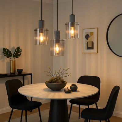 Produktbild von LED Hängeleuchte, 3-Flammig, Glas rauchfarben, Textil, D 48 cm