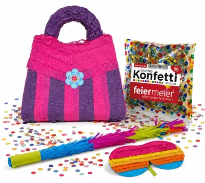 Produktbild von Pinata-Set | 4-tlg. mit Augenmaske, Schlagstock und Konfetti Farbe: "Handtasche" Pink/Lila | 43x37x18cm