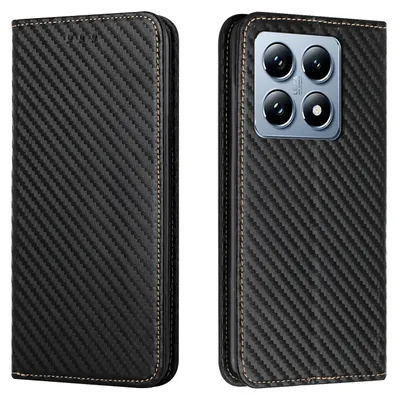 Obrázok produktu pre Puzdro pre Xiaomi 14T Pro z uhlíkových vlákien s odklápacím vekom, magnetickým uzáverom a priehradkami na karty z umelej kože