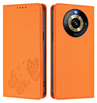 Image de Étui en cuir pour Realme Narzo 60 Pro, motif papillon, étui portefeuille à rabat avec support, orange