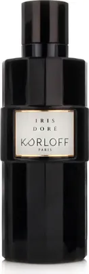 A black bottle of Korloff Paris Iris Doré Eau de Parfum is shown against a white background.