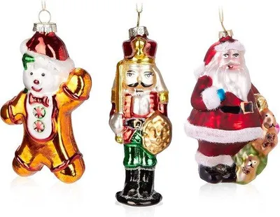 Produktbild von Famanu Set von 3 Handgemalten Glaskugeln: Nussknacker, Weihnachtsmann & Lebkuchenmann