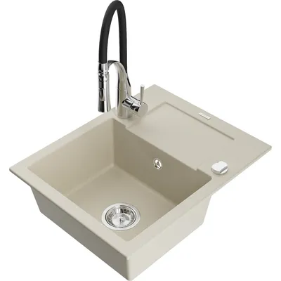 Obrázek produktu pro Mexen Enzo 1-miskový granitový dřez s odkapávačem a kuchyňskou baterií Aster, Béžová - 6506-69-73450-07