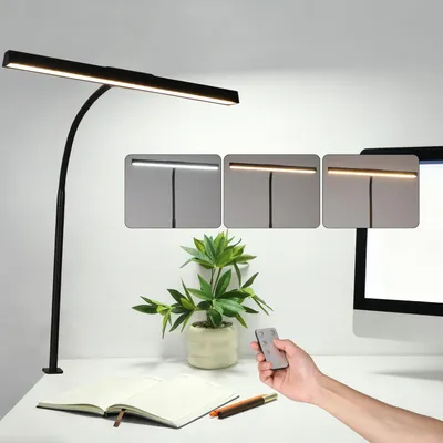 Produktbild von 24W LED Schreibtischlampe Doppelkopf Tischlampe Leselampe Büroleuchte Dimmbar, Schwanenhals-Büro-Tischlampe, mit 5 Farbtemperatur-Helligkeitsstufen