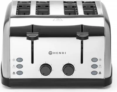 A front view of a four-slot chrome toaster with black accents and controls.