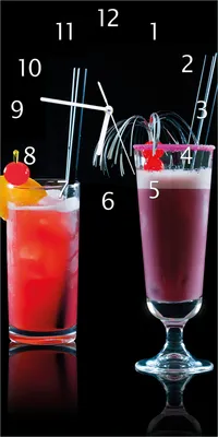 Produktbild von Wallario Design Wanduhr bedruckt, Größe 30 x 60 cm, Motiv: Bunte Cocktails vor schwarzem Hintergrund