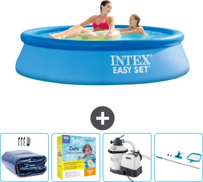 Produktbild von Intex runder aufblasbarer Easy Set-Pool – 244 x 61 cm – Blau – im Lieferumfang enthalten Sonnensegel - Wartungspaket - Filterpumpe für Schwimmbad - Reinigungskit