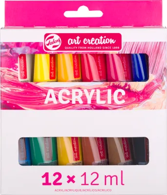 Produktbild von Talens Acrylfarbe Set | 12 x 12 ml, 12 ml, Schwarz, Blau, Cyan, Grün, Magenta, Rot, Weiß, Gelb, Tube